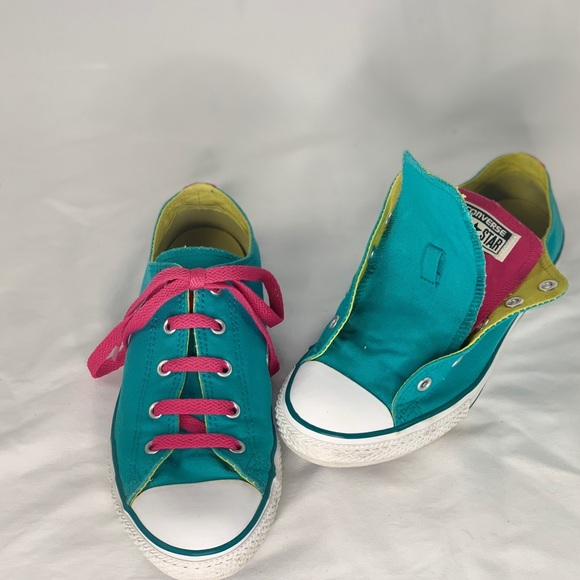 Chuck Taylor All-Star Low - Teal & Pink w/double Tounge - Youth size 4 - Picture 3 of 7